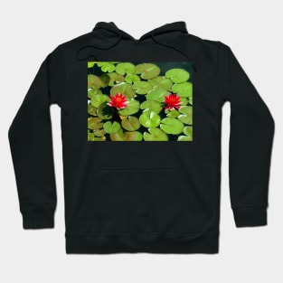 Floating pair of Red Water Lilly Flowers on Pond Hoodie